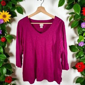 Chico's Women's XL Vanity 3 Magenta Cotton Modal 3/4 Sleeve V Neck T Shirt Top